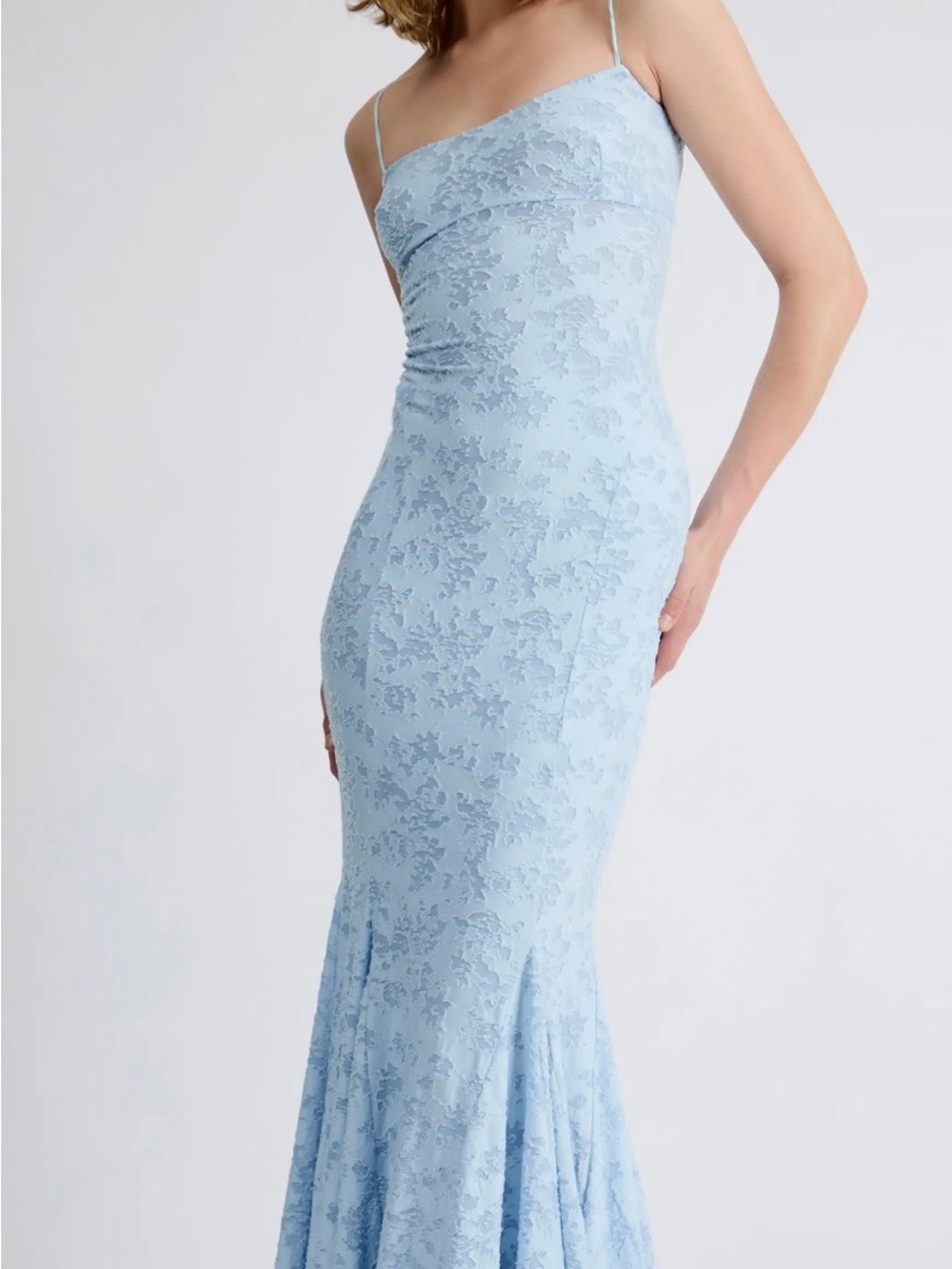 Lara Stretch Lace Back Maxi Dress Blue Lace Spaghetti-Strap Mermaid Dress Size S